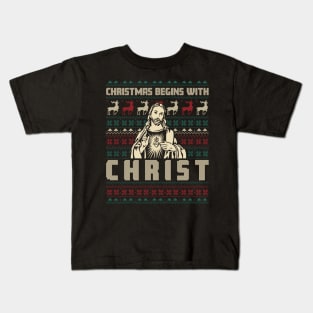 Christmas Begins With Christ Ugly Sweater Pattern Kids T-Shirt